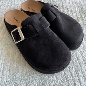 Torrid Black Suede Clogs with Metallic Buckle